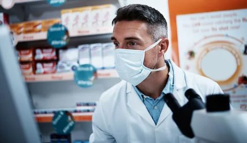 Computer, research and face mask with man in pharmacy for medical study, fo.. Stock Photos