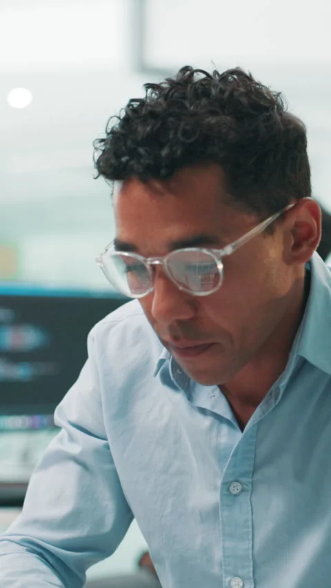 Computer, research and glasses with business man in office for email, client 스톡 동영상 306820009