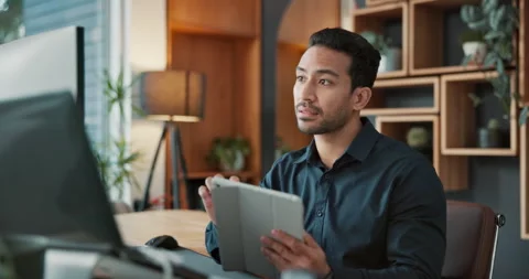 Computer, research and man with tablet in office for market timing, track Stock Footage 341573696