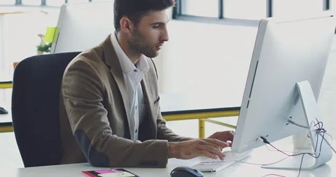 Computer, research or programmer man typing for cybersecurity, app coding or Video stock 241077183