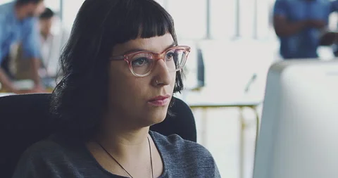 Computer, research programmer face or woman for cybersecurity, app coding or Video stock 241077414