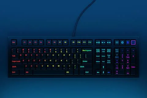 Computer RGB  keyboard  on black background. 3D rendering of streaming gear a Illustrazione stock