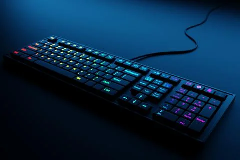 Computer RGB  keyboard  on black background. 3D rendering of streaming gear a Stock-Fotos