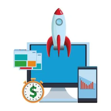 Computer with rocket Illustrazione stock