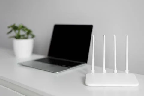 Computer, router and plant on the table Stock Photos