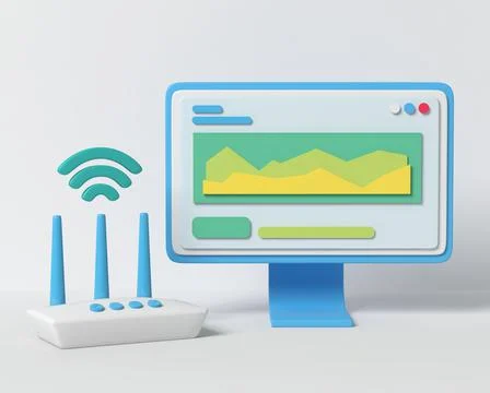 Computer with a router and Wi-Fi symbol. Stock Illustration
