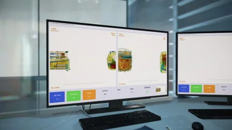 A Computer Safety check device has identified dangerous scissors in woman's bag Video stock 268186489