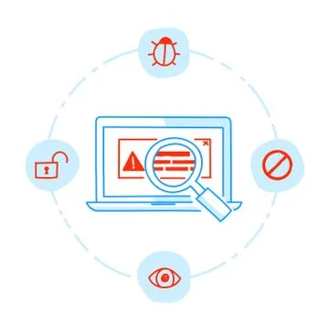 Computer scanning with warning message, vector hand drawn illustration Illustrazione stock