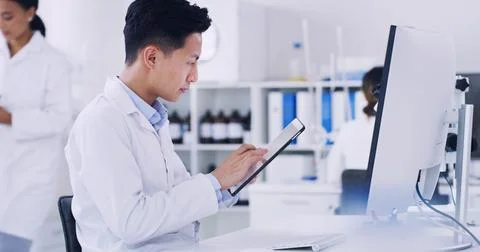 Computer, science and man with tablet in lab, research biotech innovation o.. 写真素材