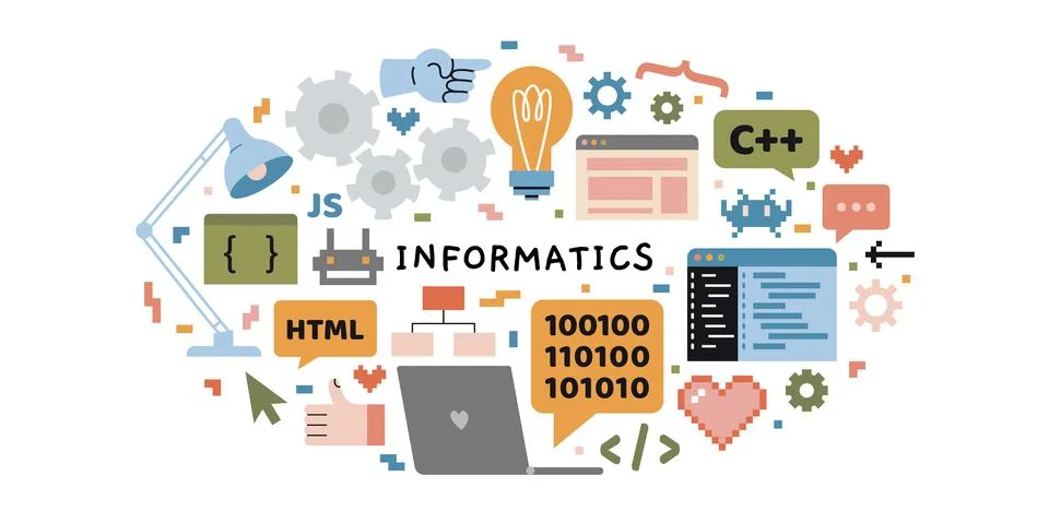 Computer science and programming lesson at school, IT education concept. Oval Stock Illustration