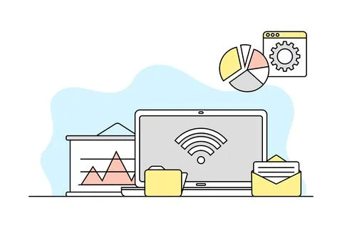 Computer Science and Technology Study with Programmed Machine and Folder Vector Stock Illustration