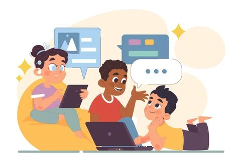 Computer science class for kids. Diverse children programming Stock Illustration
