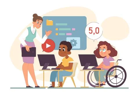 Computer science class for kids. Diverse children programming Stock Illustration