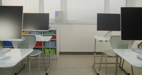 Computer Science Classroom with Monitors Prepared for Interactive Learning Stock Footage 316291456