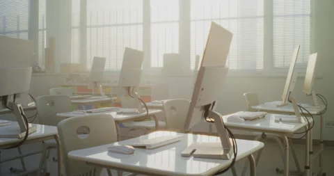 Computer Science Classroom with Monitors Prepared for Interactive Learning Stock Footage 316302243