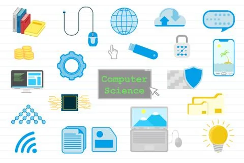 Computer science education with with various objects and paper line backgroun Illustrazione stock