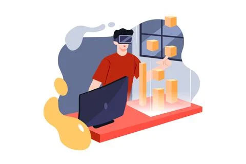 Computer science engineer wearing Virtual Reality headset works with 3D model Stock Illustration