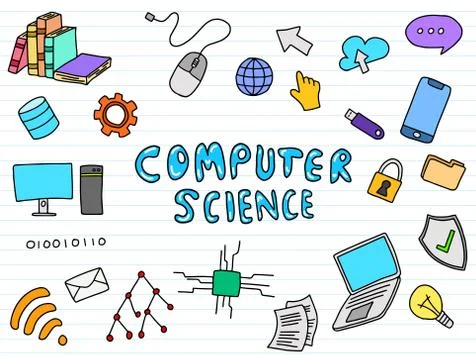Computer science engineering education doodle art with color colour full fun  Stock Illustration