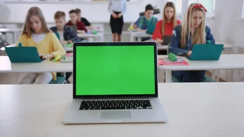 Computer science lesson in a modern school. New modern opened computer laptop Stock Footage 111549001