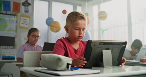 Computer Science Lesson: Primary School Boy Sitting at Desk, Using Tablet Stock Footage 317159320
