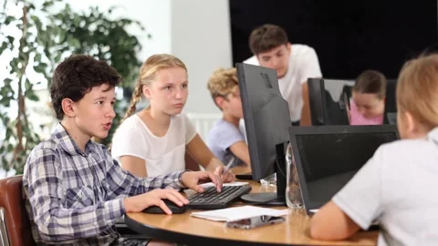 Computer science lesson in a school computer class - a girl and a boy solve Stock Footage 306452408