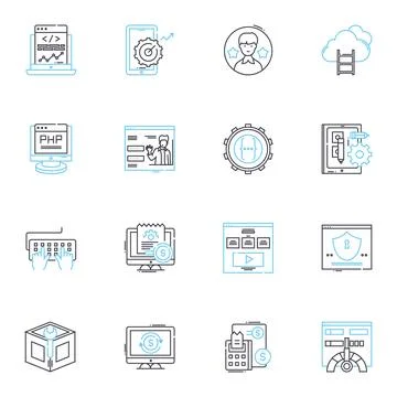 Computer Science linear icons set. Algorithm, Binary, Cache, Compiler, CPU Stock Illustration