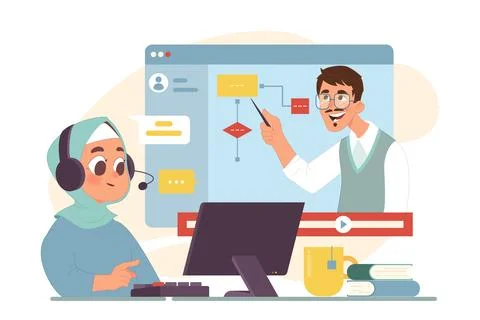 Computer science online class for kids. Little girl in hijab programming Stock Illustration
