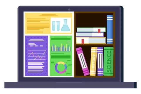 Computer with Science Report and Ebook Vector Stock Illustration