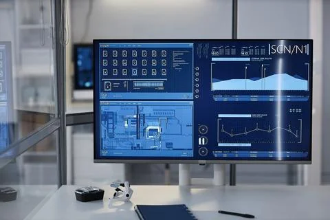 Computer with scientific data on screen in laboratory Stock Photos