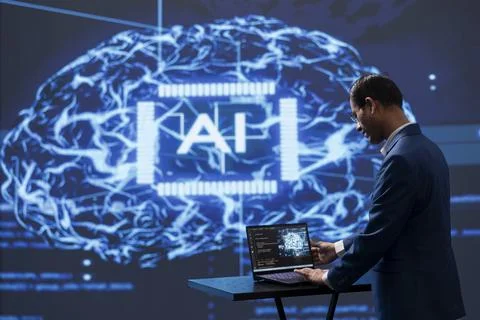 Computer scientist analyzing complex AI brain models Foto stock