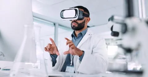 Computer, scientist and man with VR headset, lab and tech for virtual analysis 스톡 사진