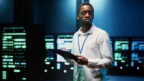Computer scientist checking server racks Foto stock