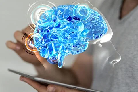 A computer scientist creating a 3D rendering of a cyborg head hologram with a Stock Photos