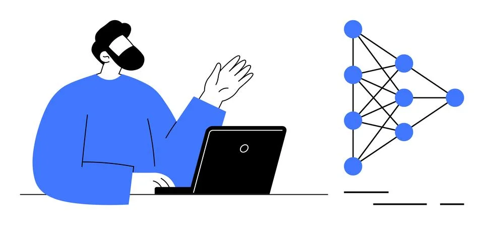 Computer Scientist Discussing Neural Network Structure in a Minimalist Design Stock Illustration