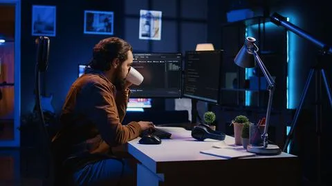 Computer scientist drinking cup of coffee while developing code on PC Foto stock
