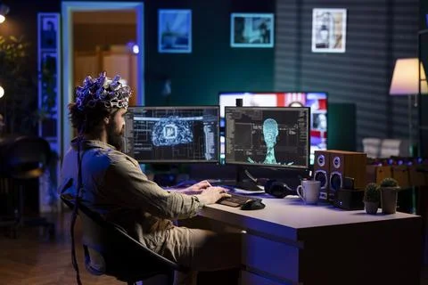 Computer scientist with EEG headset on programming brain transfer Stockfoto's
