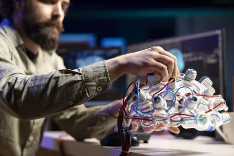 Computer scientist installing electrodes wires on EEG headset Stock Photos
