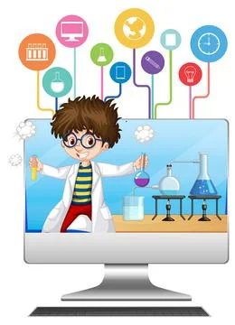 Computer with scientist kid cartoon character Ilustração Stock