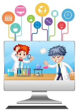 Computer with scientist kid cartoon character Ilustração Stock