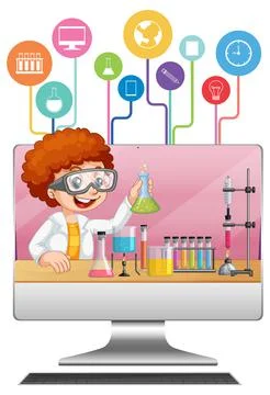 Computer with scientist kid cartoon Ilustração Stock