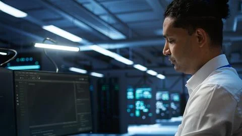 Computer scientist overseeing data center, making improvements Stock Photos