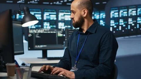 Computer scientist overseeing server hub, typing code on PC 스톡 사진