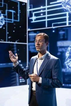 Computer scientist presenting latest artificial intelligence innovations at expo 写真素材