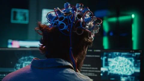 Computer scientist puts EEG headset on, links brain to cyberspace Stock Photos