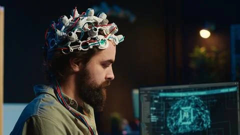 Computer scientist puts EEG headset on, links brain to cyberspace Stock Photos