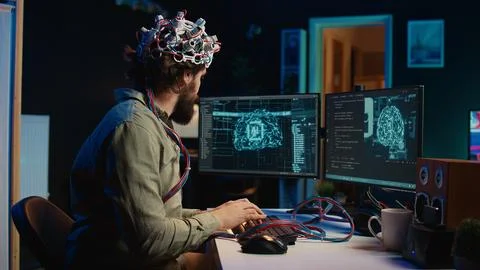 Computer scientist putting EEG headset on, starting mind upload process Stock Photos