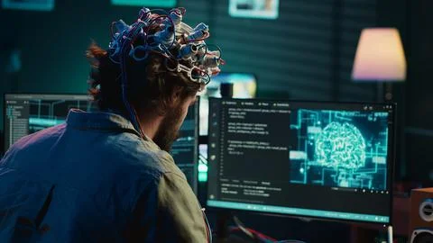 Computer scientist putting EEG headset on, starting mind upload process Stock Photos