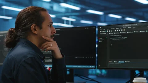 Computer scientist in server hub doing system analysis, coding Stock Footage 276139142