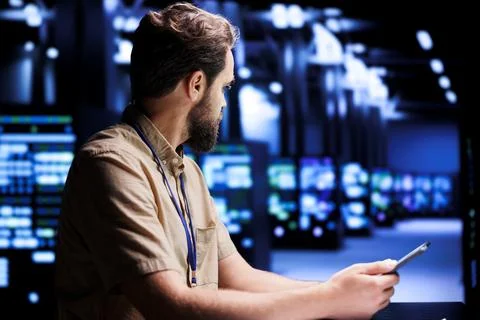 Computer scientist solving server issues 스톡 사진
