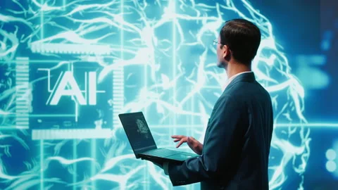 Computer scientist solving tasks on laptop, running AI programming Video stock 278695180